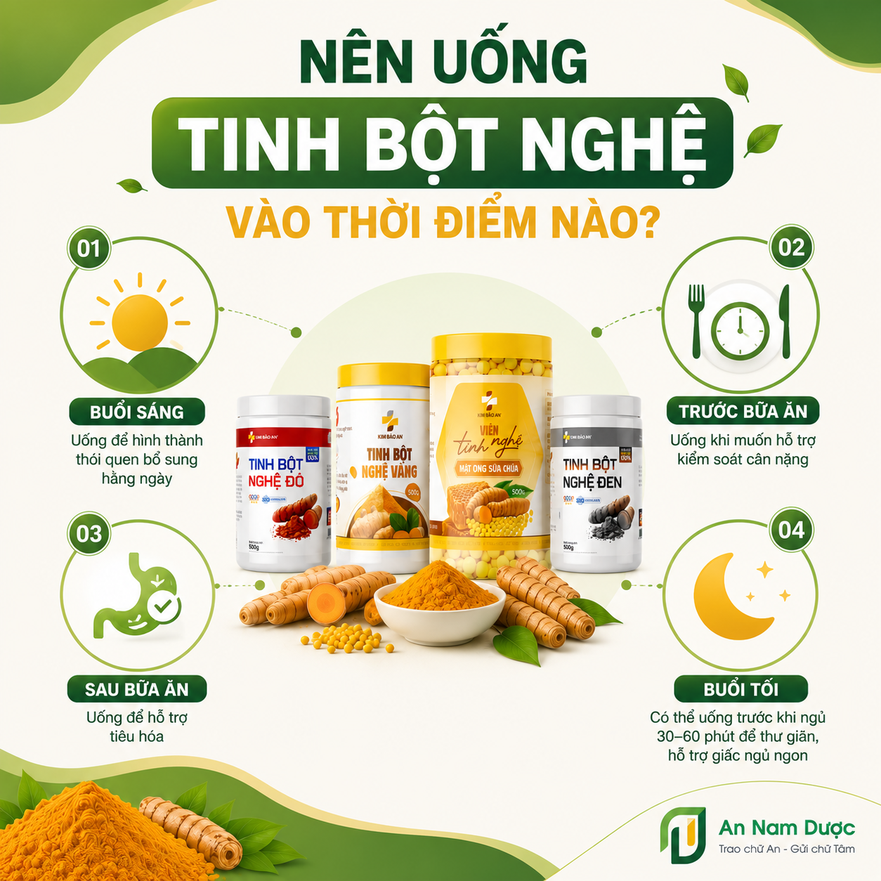 Nên uống tinh bột nghệ vào thời điểm nào